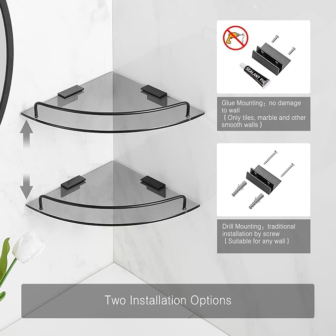 Voldra Glass Corner Shower Caddy, 2 Pack Adhesive Corner Shower Shelves for Inside Shower No Drilling, Tempered Glass Bathroom Corner Shelf with Guardrail Bathroom Shower Organizer Storage Rack(Black)
