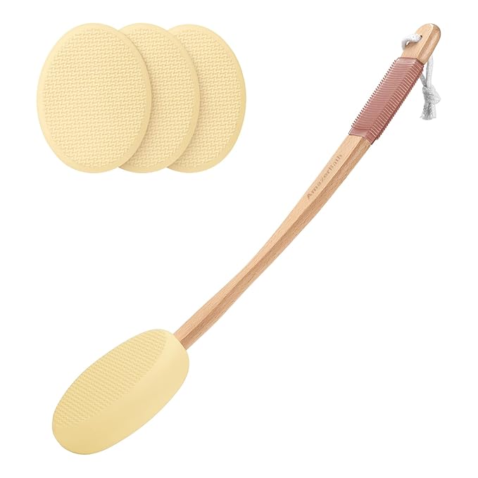 AmazerBath Lotion Applicator for Back, Feet, 4 Replacement Pads with 17" Curved Handle, Back Sunscreen Applicator for Kids, Elderly, Apply Skin Cream Medicine Moisturizer Tanner, Light Beige Yellow