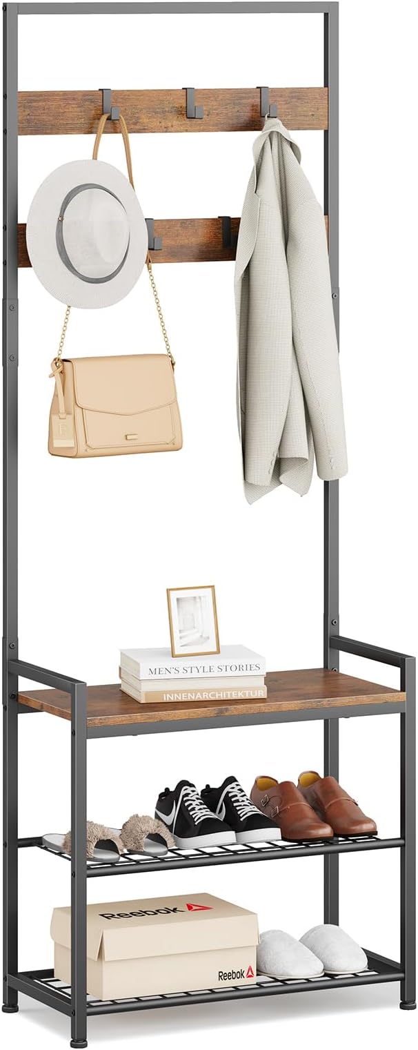Hall Tree with Shoe Storage Bench - Entryway Bench with Coat Rack and Hooks - 3-in-1 Small Hall Tree for Entry Way, Entrance, Hallway, Doorway, Front Door, Mudroom, Small Space - Rustic Brown