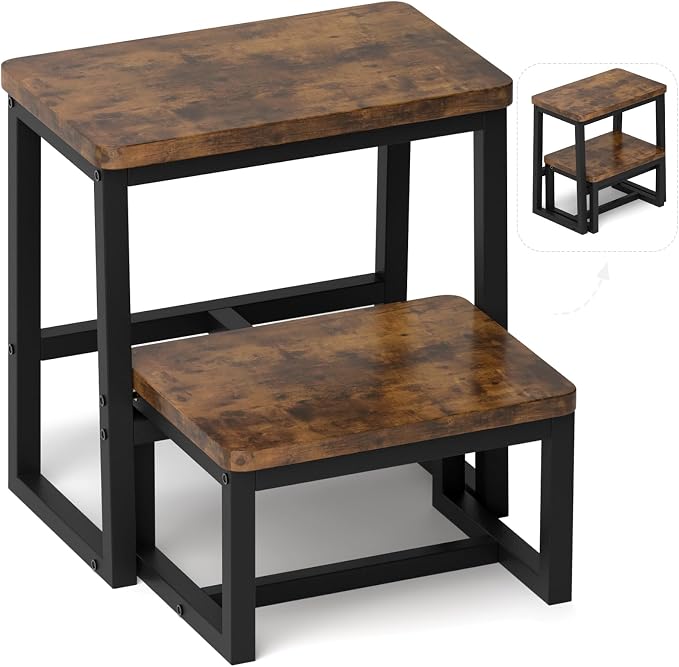 2 Step Stool for Adults Wooden Step Stool with 500 Lbs Capacity, 3 in 1 Heavy Duty Sturdy Stepping Stools Bedside Foot Stool for Kichen/Bathroom/Bedroom High beds, Non-Slip Pads