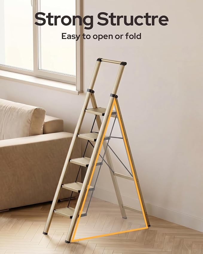 5 Step Ladder for 10 Feet High Ceiling, Lightweight Aluminum Folding Step Stool with Convenient Handgrip, Stepladders with Anti-Slip and Wide Pedal for Home Use Space Saving - Gold