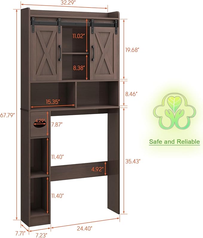 Vabches Over The Toilet Storage Cabinet, Farmhouse Storage Cabinet Over Toilet with Sliding Doors & Toilet Paper Holder Stand，Home Space-Saving Toilet Rack, for Bathroom, Laundry and Restroom
