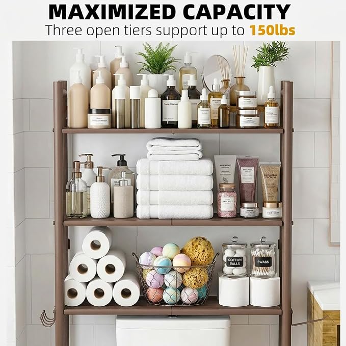 GloTika 3-Tier Over Toilet Storage with Anti-Tilt Safety System - 150lb Total Capacity Metal Bathroom Shelves Including Paper Holder & 4 Hooks, Space Saving Above Commode Organizer (64" H, Bronze)