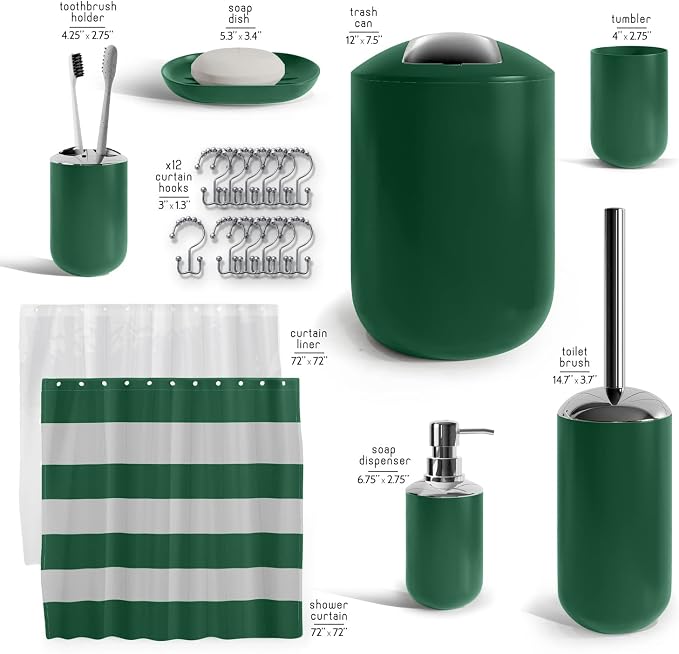 Clara Clark Bathroom Set - Green Bathroom Accessories Set, 20PC Bathroom Accessory Set, Shower Curtain Set with Liner, Toothbrush Holder, Soap Dispenser, Soap Dish, Toilet Brush Holder, and Trash Can