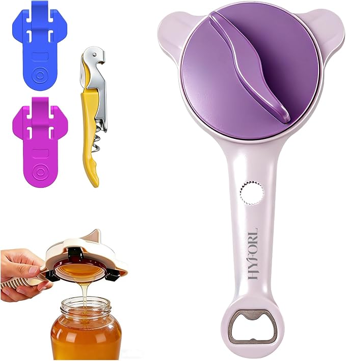 2026 Adjustable 4‑in‑1 Jar Opener with Red Wine Corkscrew & 2 Can Openers, Jar Opener for Seniors and Weak Hands, Perfect for Kitchen Jars,Bottles & Beer Caps (purple）