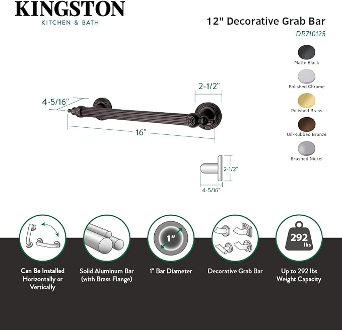 Kingston Brass DR710121 Designer Trimscape Templeton Grab Bar 12-Inch with TL TIP, Polished Chrome