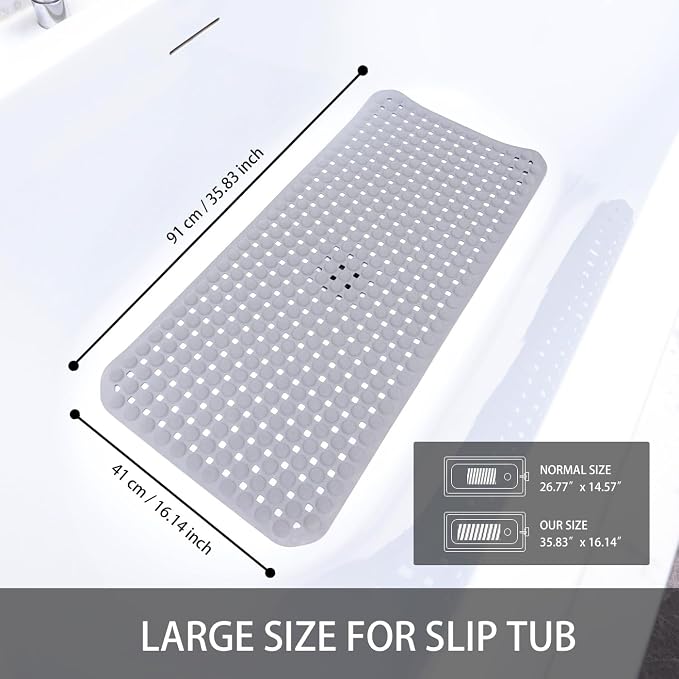 Non-Slip Bath Mat for Tub - Extra Large TPR Bathtub Mat with Suction Cups, Quick-Dry & Easy Clean, Family-Friendly Design (Gray, 36x17 Inch)