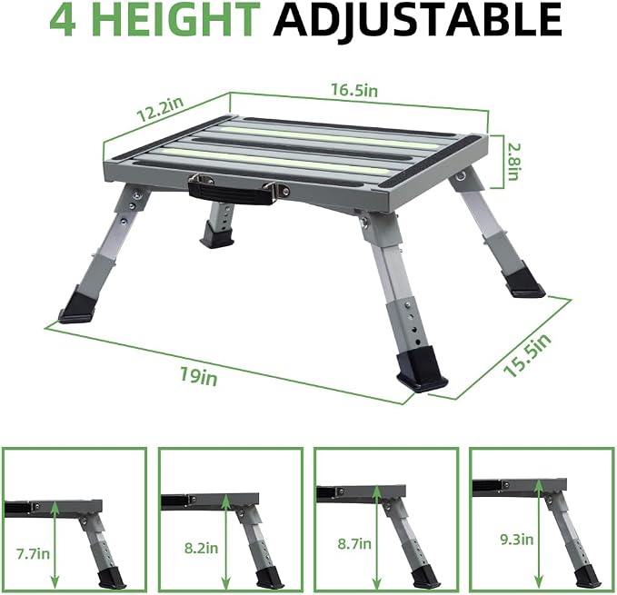 Homeon Wheels Iron RV Steps Adjustable Folding Step Stool with Non-Slip Rubber Feet, Stable Platform Supports 1000bs, Safety Strips, Handle, Easy Carry, Outdoor Camper Trailer Travel - Gray