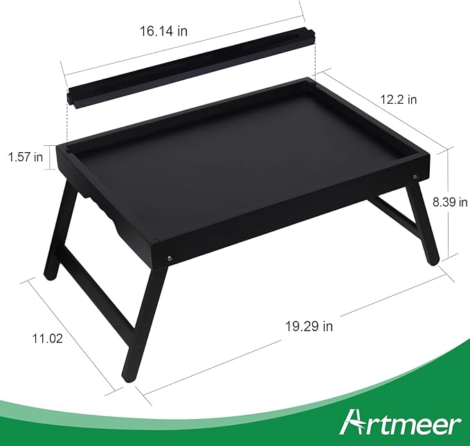 Bed Tray Table with Handles Folding Legs,Bamboo Breakfast Food Tray with Media Slot,Use As Platter,Laptop Desk,Snack,TV Tray Kitchen Serving Tray Black Large