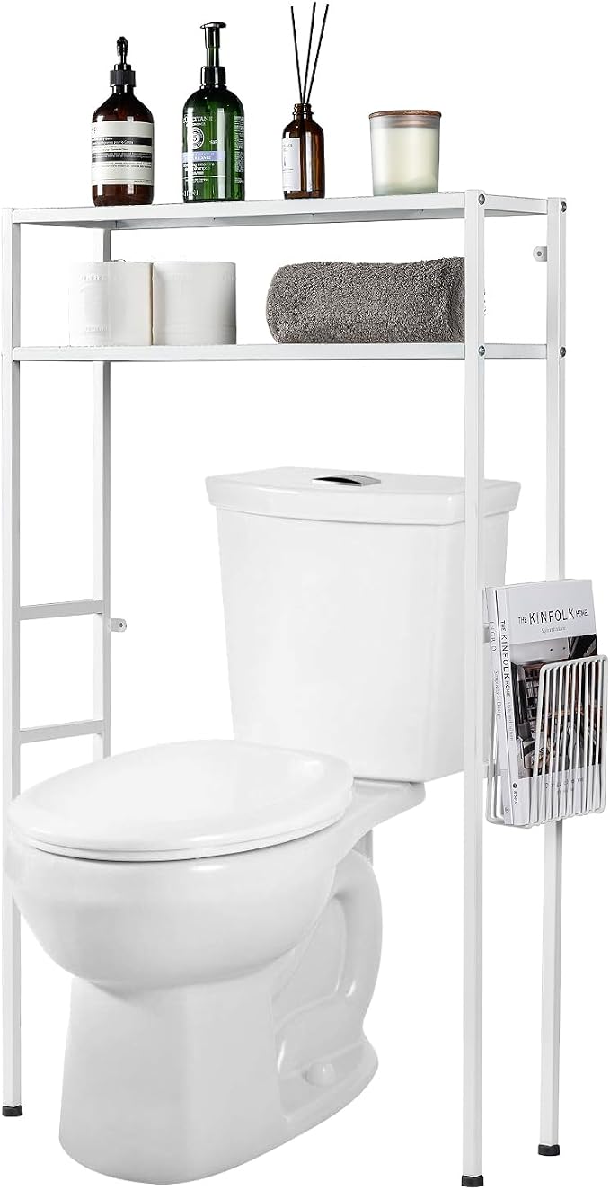 MyGift Over The Toilet Storage, 2-Tier Over Toilet Bathroom Organizer with Removable Magazine Holder Basket, Fit Most Toilets, Space-Saving, Easy Assembly, White