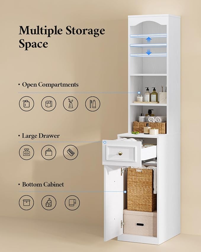 67" Tall Bathroom Storage Cabinet with 4 Open Shelves, Drawer & Cabinet, L-Shaped Narrow Bathroom Storage Cabinet with Adjustable Shelf, Bathroom Storage Cabinet for Bathroom, Living Room, White