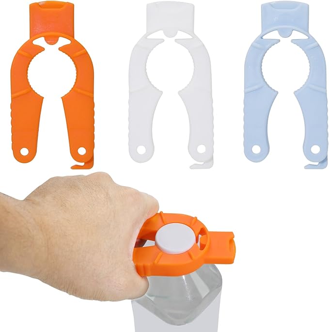 3 Pack Plastic Bottle Cap Opener, 3 in 1 Multi-Purpose Water Bottle Opener, Water Bottle Opener for Arthritic Hands or Home, Kitchen, Camping, and Outdoor Adventures, (Orange, Blue, White)