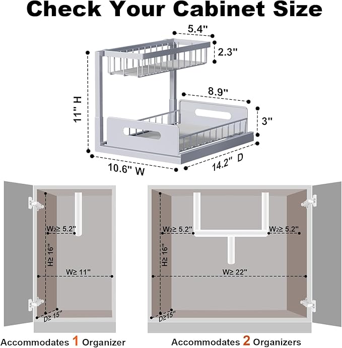 REALINN Under Sink Organizer, Pull Out Cabinet Organizer 2 Tier Slide Out Sink Shelf Cabinet Storage Shelves, Storage for Kitchen Bathroom, Grey, 2 Pack