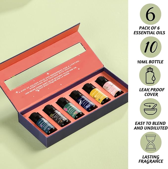 Folkulture Essential Oils Set for Diffuser | Set of 6 Fragrance Oils for Relaxation, Meditation & Wellness | Aromatherapy Scents – White Sage, Green Tea, Cedarwood, Rose, Orange & More | Magic Hour