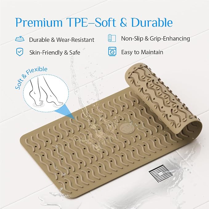 Non Slip Bathtub Mat & Shower Mat, 31x15'' Anti Slip Bath Mat for Tub, Soft TPE Anti-Skid Bathroom Mat with 194 Suction Cups & Drain Holes, Wave-Textured Grip, Machine Washable,Brown