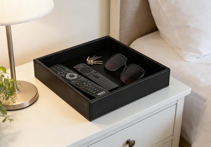 HofferRuffer Faux Leather Vanity Tray, Elegant Desktop Storage Organizer, Decorative Catchall for Perfume, Bathroom Valet, Nightstand or Dresser, 10" x 10" x 1.8" (Black)