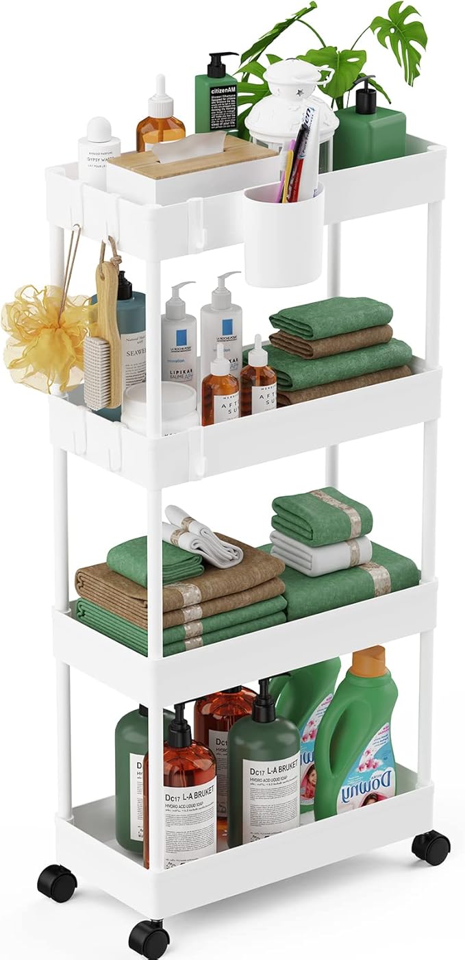LEHOM Slim Rolling Storage Cart - 4 Tiers Bathroom Organizer Utility Cart Slide Out Storage Shelves Mobile Shelving Unit for Kitchen, Bedroom, Office, Laundry Room, Small Narrow Spaces (7.1" W+White)