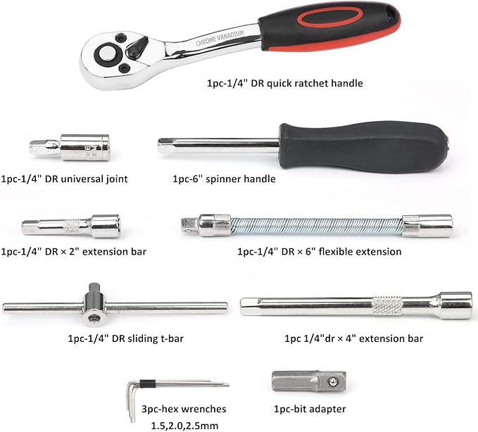 Egofine 53 Pieces 1/4 inch Drive Socket Ratchet Wrench Set with 72 Tooth Reversible Ratchet, with Bit Socket Set and Extension Bar for Auto Repairing and Household, with Storage Case
