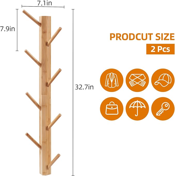 TIOPGHAD 2 Pack Coat Rack Vertical Wall Mount, Bamboo Coats Hooks Clothes Holder Hanger for Wall Coat Hat Jacket Clothing Bathroom Robes Mudroom Entryway(Natural)