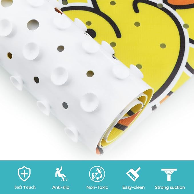 Bath Mat for Tub Non Slip Baby Kids Bathtub Mat Extra Long 40X16 Inch Toddler Shower Mat Anti Slip with Suction Cups & Drain Holes, Machine Washable,Duck