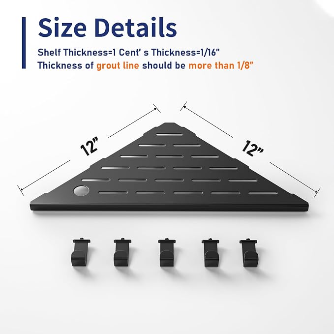Corner Shower Shelf w/Hooks, Grout in Bathroom Shelves for Tiled Wall, 304 Stainless Steel Recessed Shower Shelf (Matte Black, 12''-2pcs)