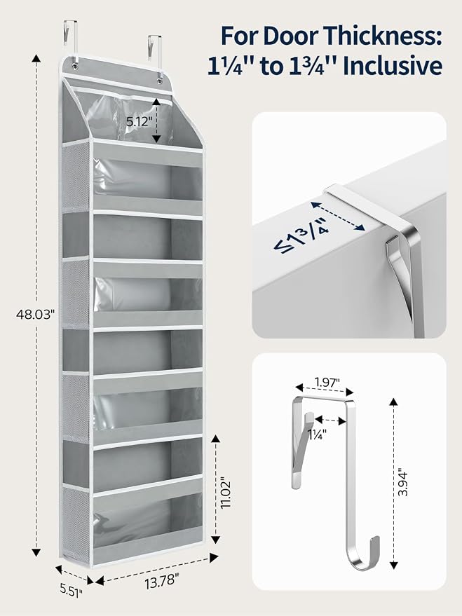 Yecaye 5 Tier 1Pc Over the Door Organizer, Stuffed Animal Storage with Clear PVC Windows, Door Organizer Hanging for Bedroom Nursery Closet Dorm Room Laundry Pantry Bathroom, Grey
