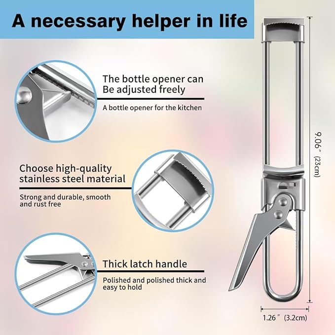 Bottle Opener & Jar Opener for Weak Hands, 9.06 Inch Adjustable Stainless Steel Can Opener, Multifunctional Jar Lid Opener Gripper for Seniors with Arthritis (Large size)