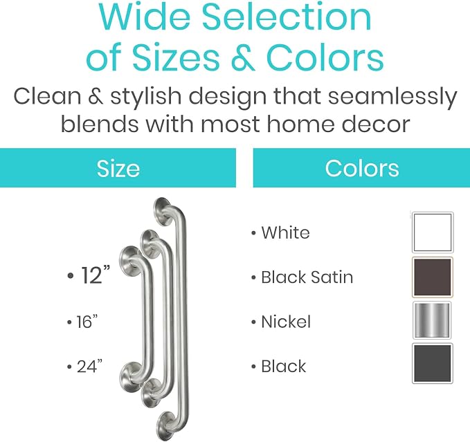 Vive Grab Bar for Showers - Bathroom Antislip Handrail for Seniors, Elderly Assistance Product, Heavy Duty Shower Handles, Handicap Grab Bars, Stainless Steel, Multipurpose, 440 lbs (Brushed Nickel)