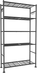 Sakugi Storage Shelves - 5-Tier Large Capacity Shelf Organizer with Hooks, Heavy-Duty Garage Shelving with Leveling Feet, Wobble-Free Rack for Bedroom, Balcony, Garage, 32.1"×12.4"×71.4", Black