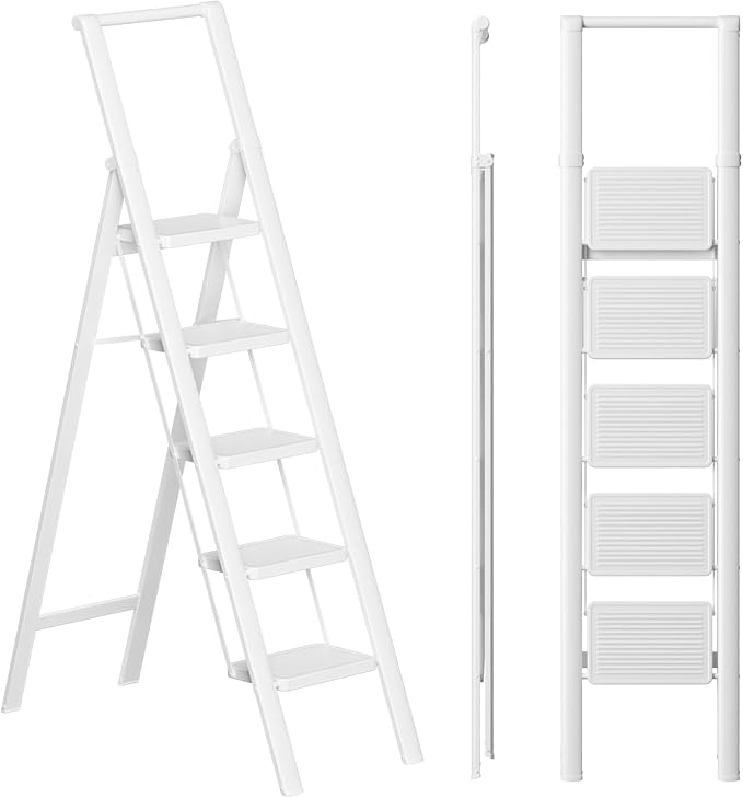 SOLADDER 5 Step Ladder, Folding Step Stool, White Foldable Iron Ladder for 10 Foot High Ceiling with Anti-Slip Wide Sturdy Pedal and Handgrip, Multi-Use for Home (300 lbs Capacity)