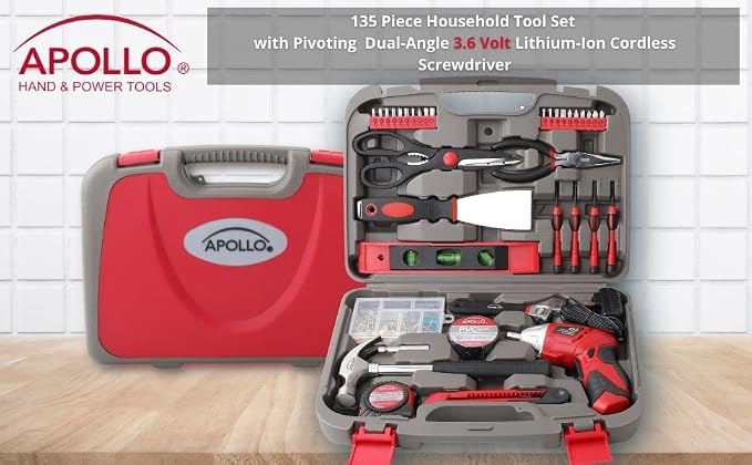 Apollo Tools 135 Piece Household Tool Set with Pivoting Dual-Angle 3.6 Volt Lithium-Ion Cordless Screwdriver – Includes Most-Needed Tool Selection and Hanging Assortment- Red - DT0773