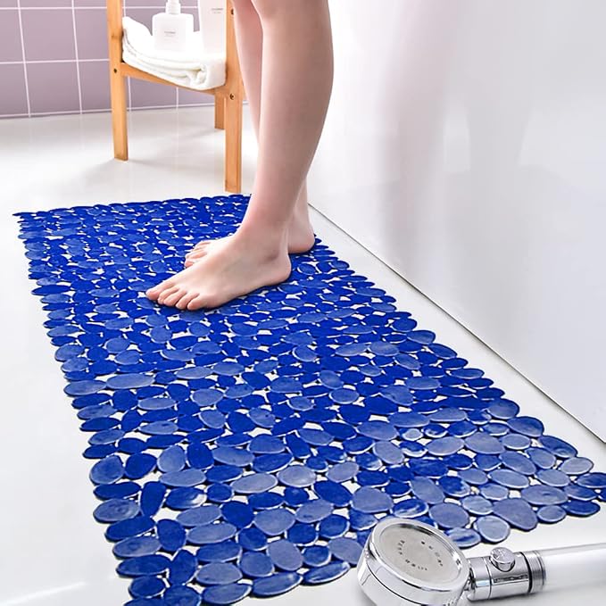 SONGZIMING Bathtub Mat Non Slip Pebble Bath Shower Mat with Drain Holes, Suction Cups Mat for Tub 16" W x 35" L, Navy Blue