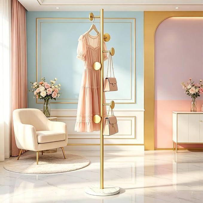 Coat Rack Freestanding Gold Clothes Rack with Marble Base & 7 Staggered Round Hooks, Heavy Duty Stable Coat Hanger Garment Stand for Entryway Bedroom, Hall Tree Racks for Clothing Hats Bags Purses
