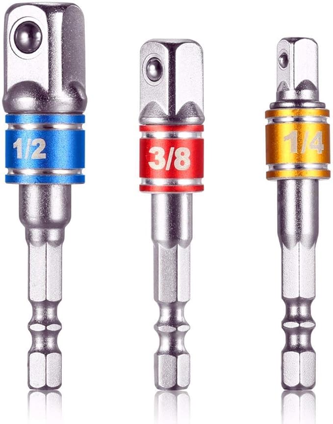 CIGOTU Impact Grade Socket Adapter/Extension Set Turns Power Drill Into High Speed Nut Driver,1/4-Inch Hex Shank to Drive for Adapters to Use with Drill Chucks, Sizes 1/4" 3/8" 1/2", Cr-V, 3-Piece