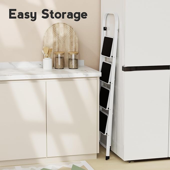 HBTower Step Ladder, 4 Step Ladder Folding Step Stool for Adults with Anti-Slip Pedal, 330 lbs Capacity for Home, White