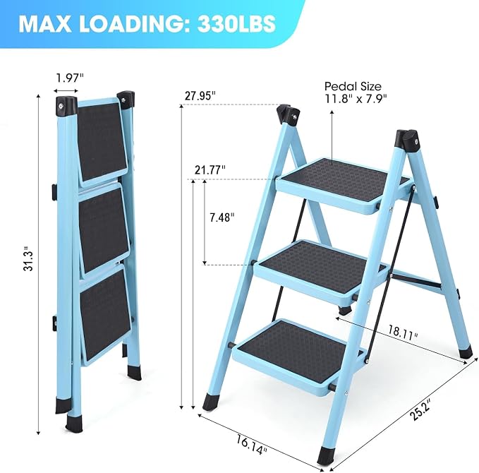 3 Step Ladder, Folding Step Stool for Adults, Lightweight Aluminum Step Ladder, Portable 330 LBS Capacity Ladders for Home Kitchen Library Office, Small Step Stools with Anti-Slip Wide Pedals, Blue