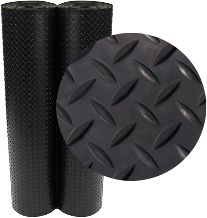 Rubber-Cal Diamond-Plate Rubber Flooring Roll - 3 mm x 4 ft x 7 ft Roll - Black