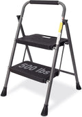 GOLYTON Folding 2-Step Ladder with Anti-Slip Platform and Handrail, Heavy Duty Steel, 500 lbs Capacity, Compact Portable Step Stool for Home, Kitchen & Office Use, Grey