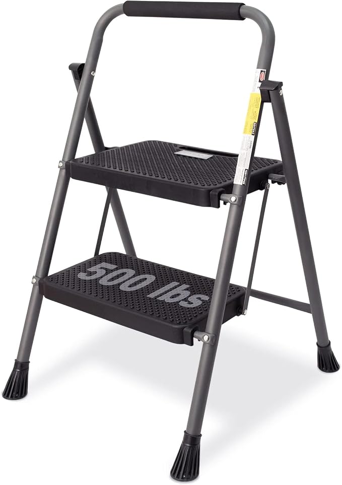 GOLYTON Folding 2-Step Ladder with Anti-Slip Platform and Handrail, Heavy Duty Steel, 500 lbs Capacity, Compact Portable Step Stool for Home, Kitchen & Office Use, Grey
