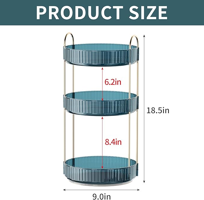 INVSSENE 360° Rotating Makeup Organizer, Bathroom Organizers and Storage Holder Rack, Large Capacity Vanity Shelf Countertop, Fits Cosmetics, Perfume, Skin Care(Blue, 3 Tiers)