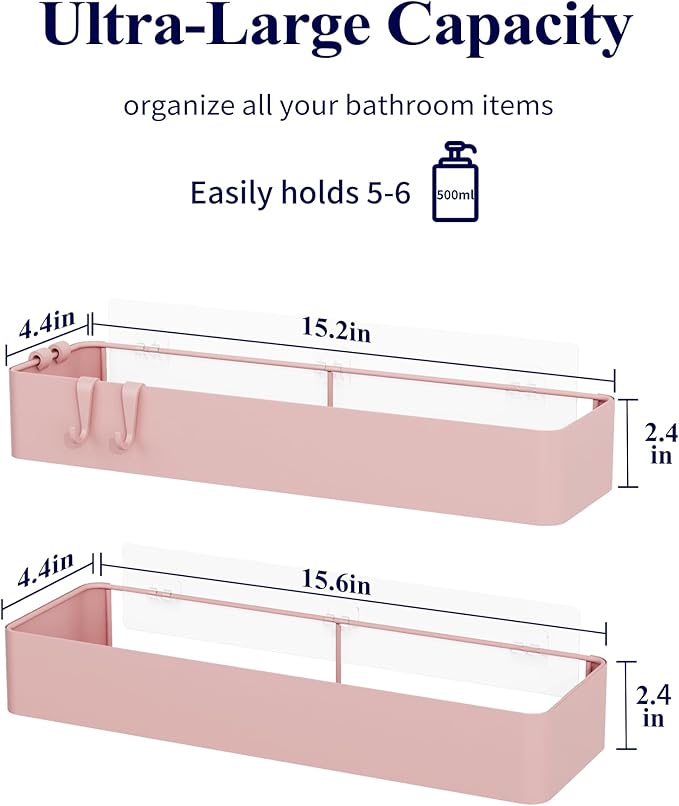 Kitsure Shower Caddy - 2 Pack Adhesive Shower Organizer, Rustproof Metal Shelves, No-Drill Bathroom Organizers and Storage, Pink, XX-Large