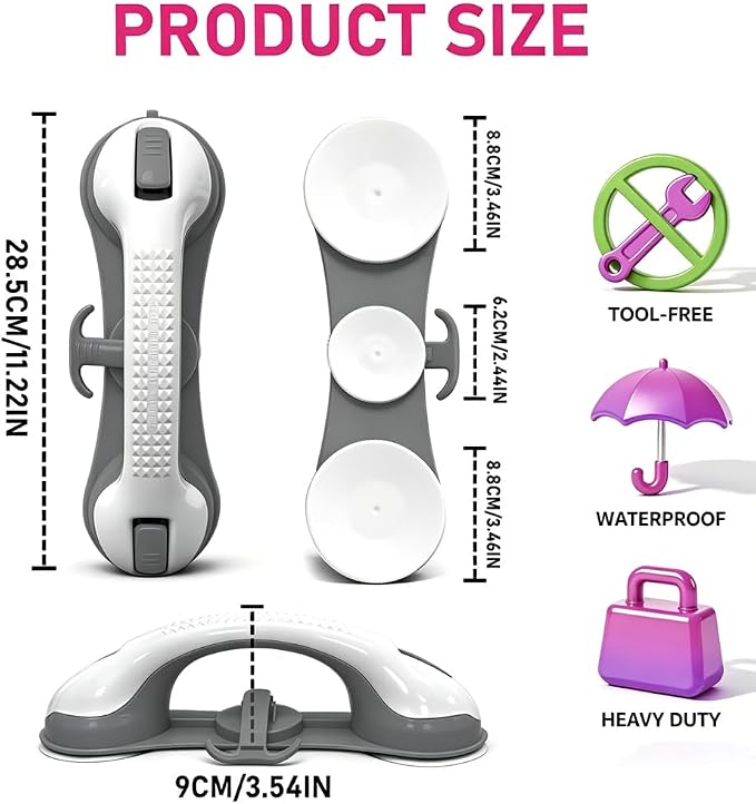 Grab Bars for Shower,Shower Handle with 3 Heavy Duty Suction Cups, Removable Bathtub Handrails for Elderly, No Drilling Waterproof Bathroom Safety Grip (Pewter)
