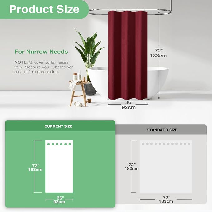 Dynamene Stall Fabric Shower Curtain - 36x72 Waffle Weave Weighted Cloth Shower Curtains for Bathroom, Neutral Heavy Duty Hotel Spa Luxury Bath Curtain Set with 6 Plastic Hooks, Burgundy