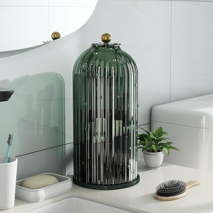 Toothbrush and Toothpaste Holders with Cover, All Green | Waterproof and Dustproof, 360° Rotating Base, Smooth Sliding Door, 3 Slots, for Bathroom Countertop