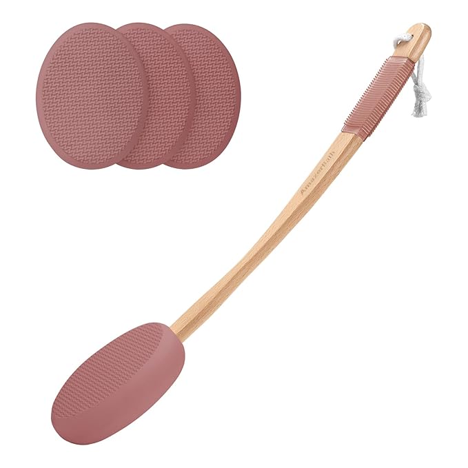 AmazerBath Lotion Applicator for Back, Feet, 4 Replacement Pads with 17" Curved Handle, Back Sunscreen Applicator for Kids, Elderly, Women, Apply Skin Cream Medicine Moisturizer Tanner, Coffee Pink