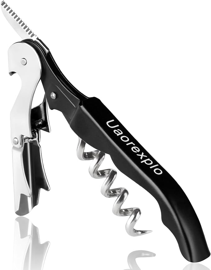 Professional Heavy Duty Wine Opener, Compact and Foldable Wine Key, Strength Stainless Steel corkscrew, Double Hinged, Foil Cutter, Ideal Tools for Servers, Bartenders, Sommelier (Black).