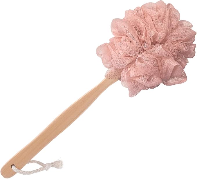 Pink Loofah with Handle - Cute Back Scrubber & Exfoliating Shower Sponge, Soft Mesh Luffa on Wooden Stick, Bath Brush for Women and Girls