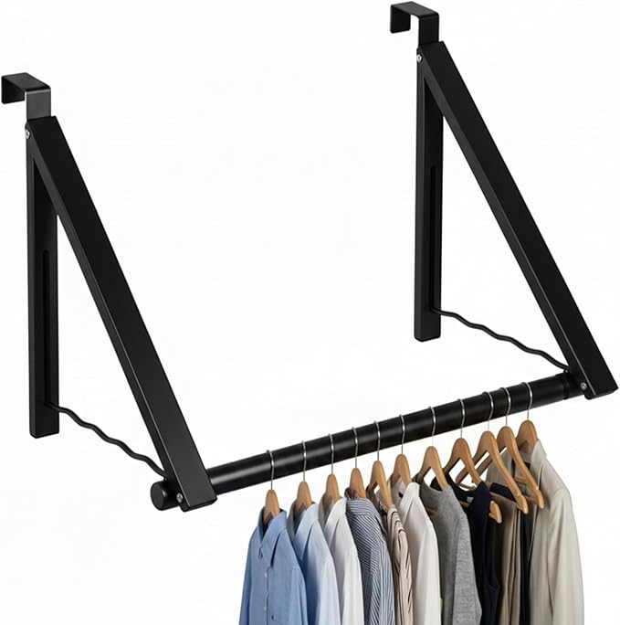 HOLDN’ STORAGE Over The Door Hanger - Foldable Rack Organizer for Hanging Clothes, Coats & Towels, Ideal for Dorm Rooms, Laundry, Bathrooms, Etc - Holds up to 35 LBs, Collapsible - Black