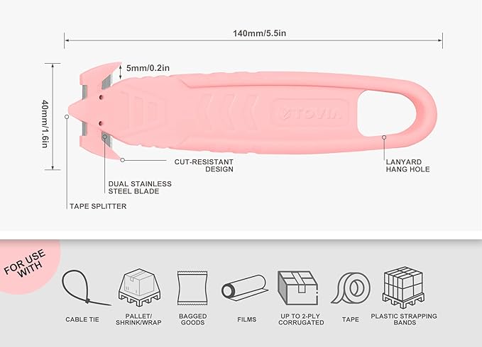 Safety Box Cutter, T TOVIA Sharp Durable Stainless Steel Concealed Blade Package Opener with Tape Splitter for Cartons, Cardboard, Wrap, Straps, Film (5 Pcs - Pink)