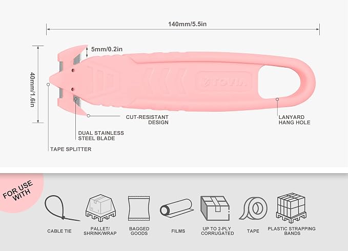 Safety Box Cutter, T TOVIA Sharp Durable Stainless Steel Concealed Blade Package Opener with Tape Splitter for Cartons, Cardboard, Wrap, Straps, Film (10 Pcs - Pink)